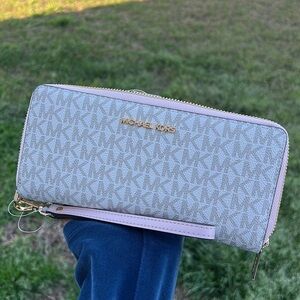Michael Kors Jet Set Large Continental Wallet Wristlet MK Vanila Pink Blush